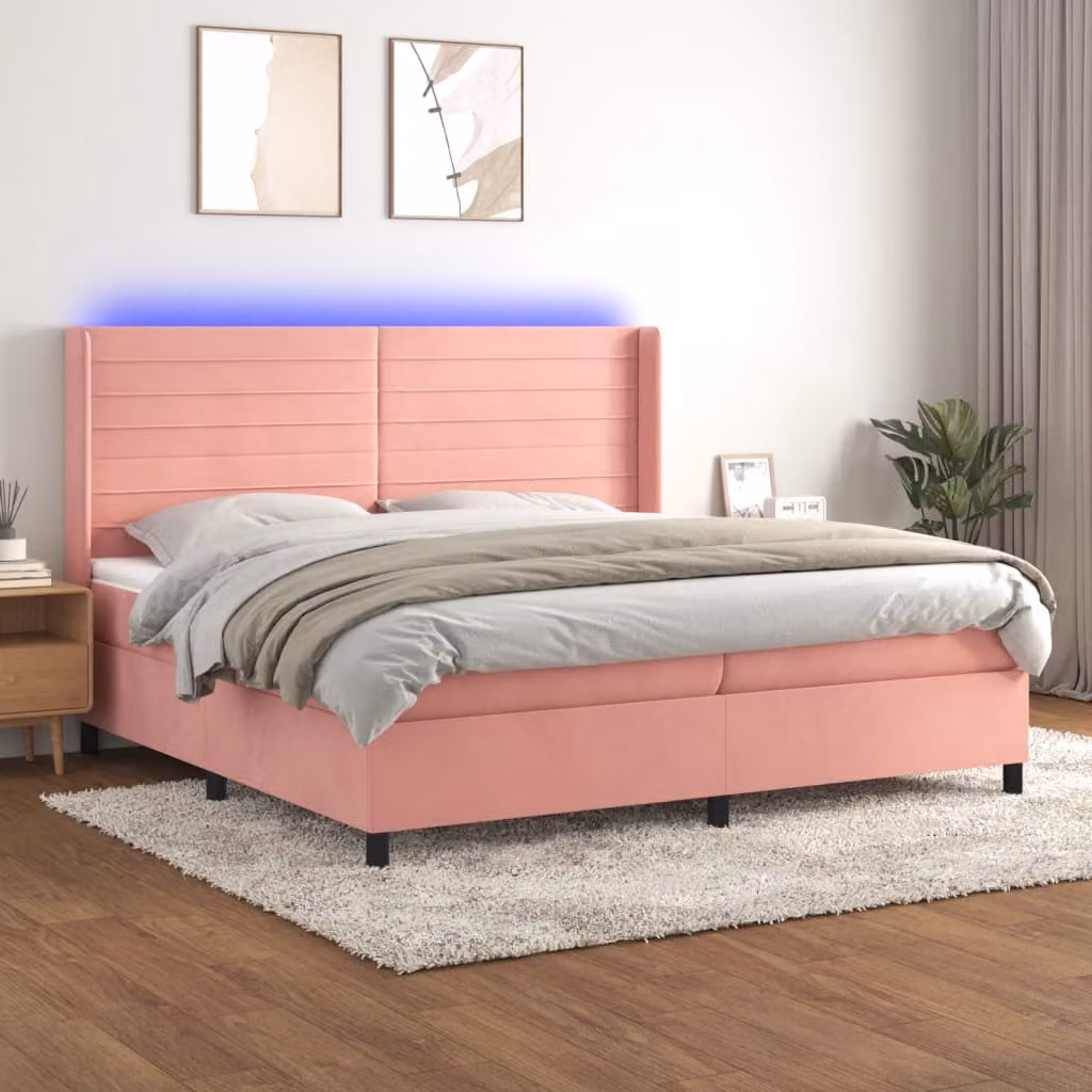 Letto Ibrido vidaXL con Materasso a Molle a Tasche, Illuminazione LED Sotto il Letto e Porte USB, Velluto Rosa, L/P: 200 x 200 cm – 1