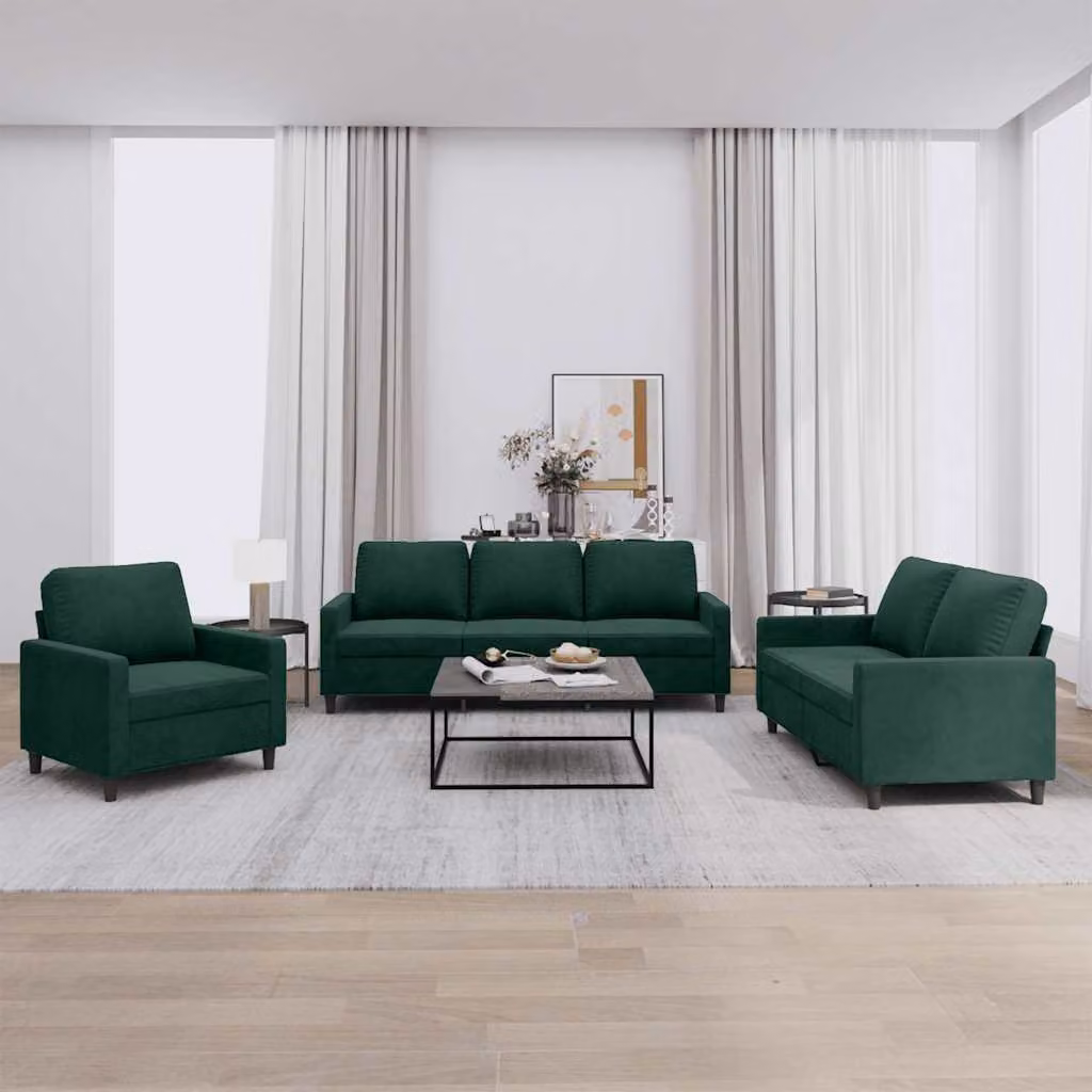 Set di divani 3 pezzi vidaXL in velluto verde con cuscini per soggiorno moderno – 1