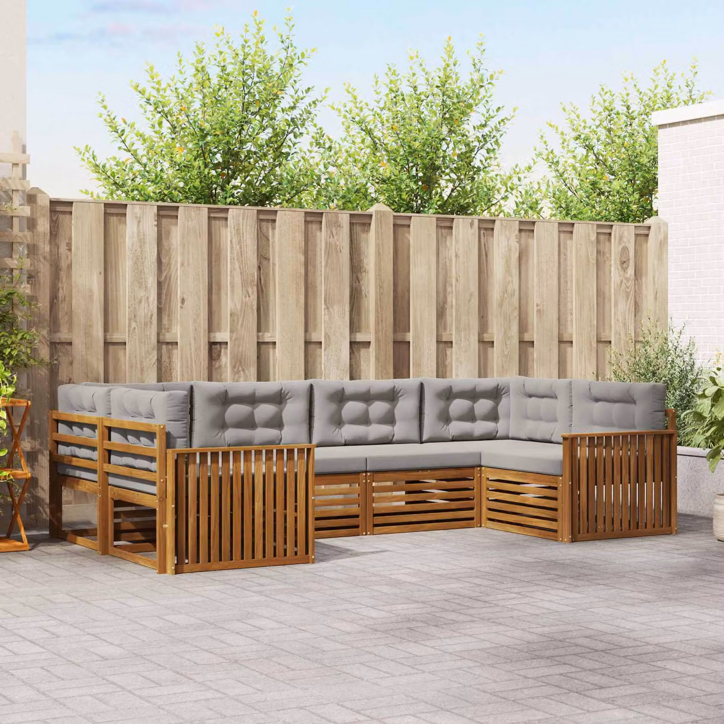 Set di divani da esterno vidaXL a forma di L composto da 6 pezzi in legno di acacia e tessuto grigio