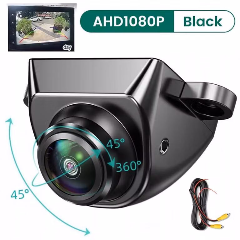 Telecamera posteriore per auto - AHD/CVBS 1080p - Ampio angolo di visione di 170° - Visione notturna - Impermeabile IP68 - Cavo in rame da 6 metri - Colore nero