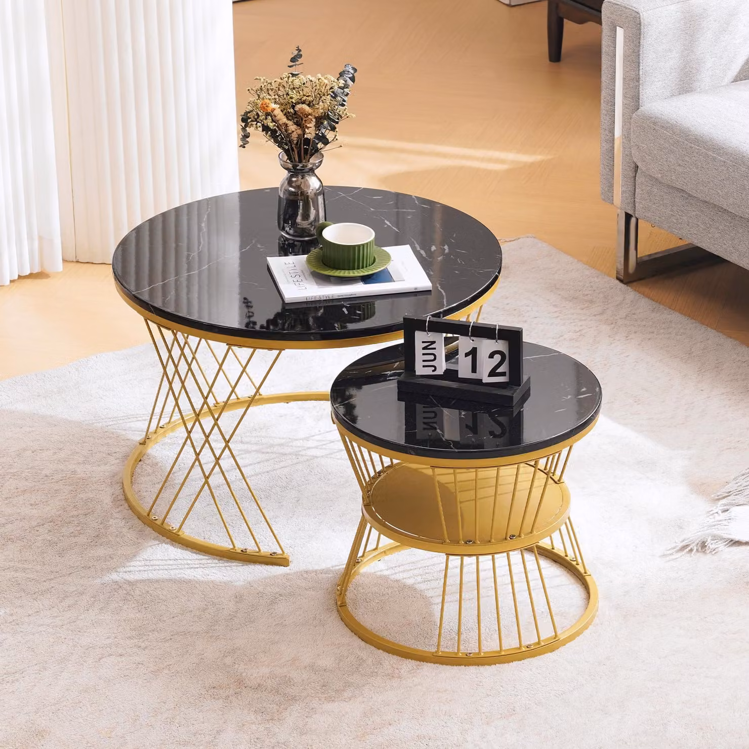 Tavolino da caffè componibile, finitura lucida, impiallacciatura in marmo, set da 2, tavolini laterali rotondi, cornice dorata