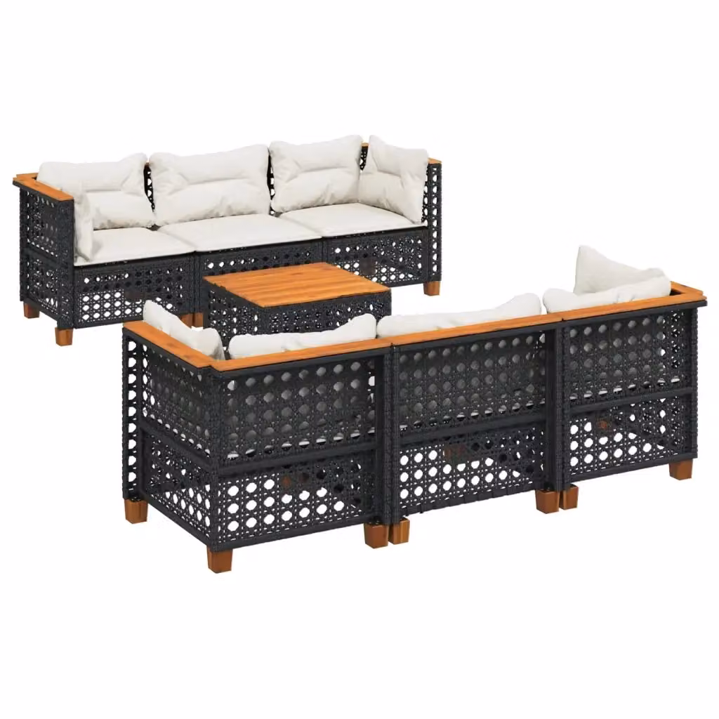 vidaXL Set Divani da Giardino a L con Cuscini 7pz Nero Polyrattan e Legno di Acacia – 2