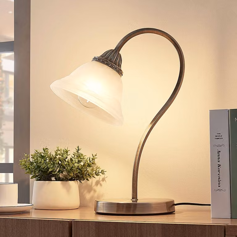 Lampada da tavolo a LED Mialina Lindby, Bronzo / Ottone antico, Soggiorno / Sala da pranzo, Vetro, Lampada da tavolo LED