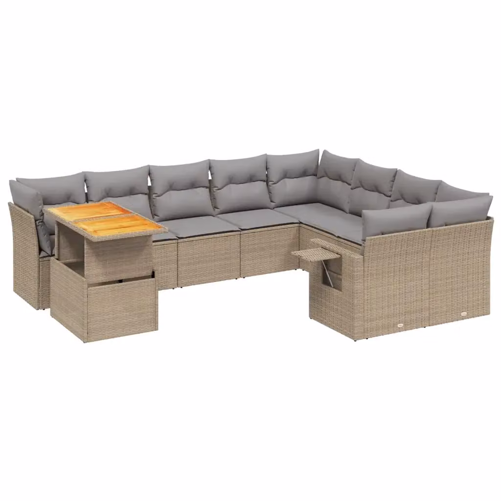 vidaXL Set Divano da Giardino 10 pz a Forma a L in Polyrattan con Cuscini Beige e Struttura in Legno di Acacia – 2