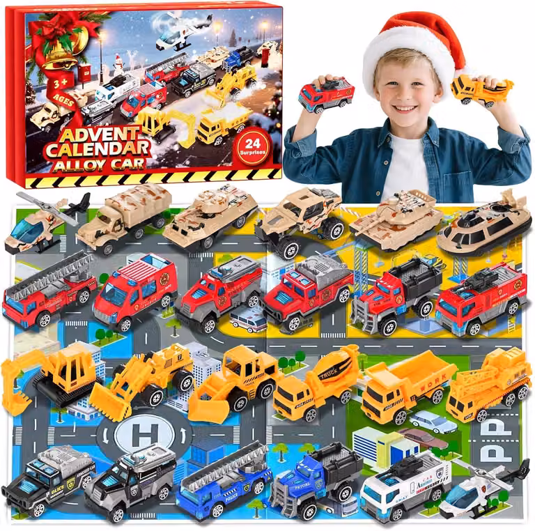 Calendario dell'Avvento 2026 con modellini di auto, giocattoli per bambini, calendario per il conto alla rovescia, idea regalo di Natale per ragazzi