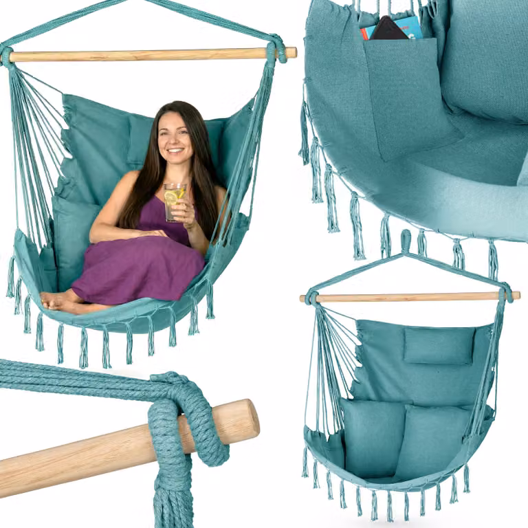Outtec® Sedia sospesa con 3 cuscini - 100x130x75cm, fino a 140 kg - Poltrona con frange bohémien, borsa a sacco, altalena per esterni, giardino, balcone, casa - Verde