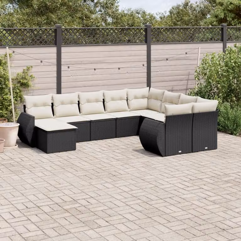 Set di Divani da Giardino vidaXL 10 Pezzi in Polyrattan Nero con Cuscini e Tavolino da Esterno