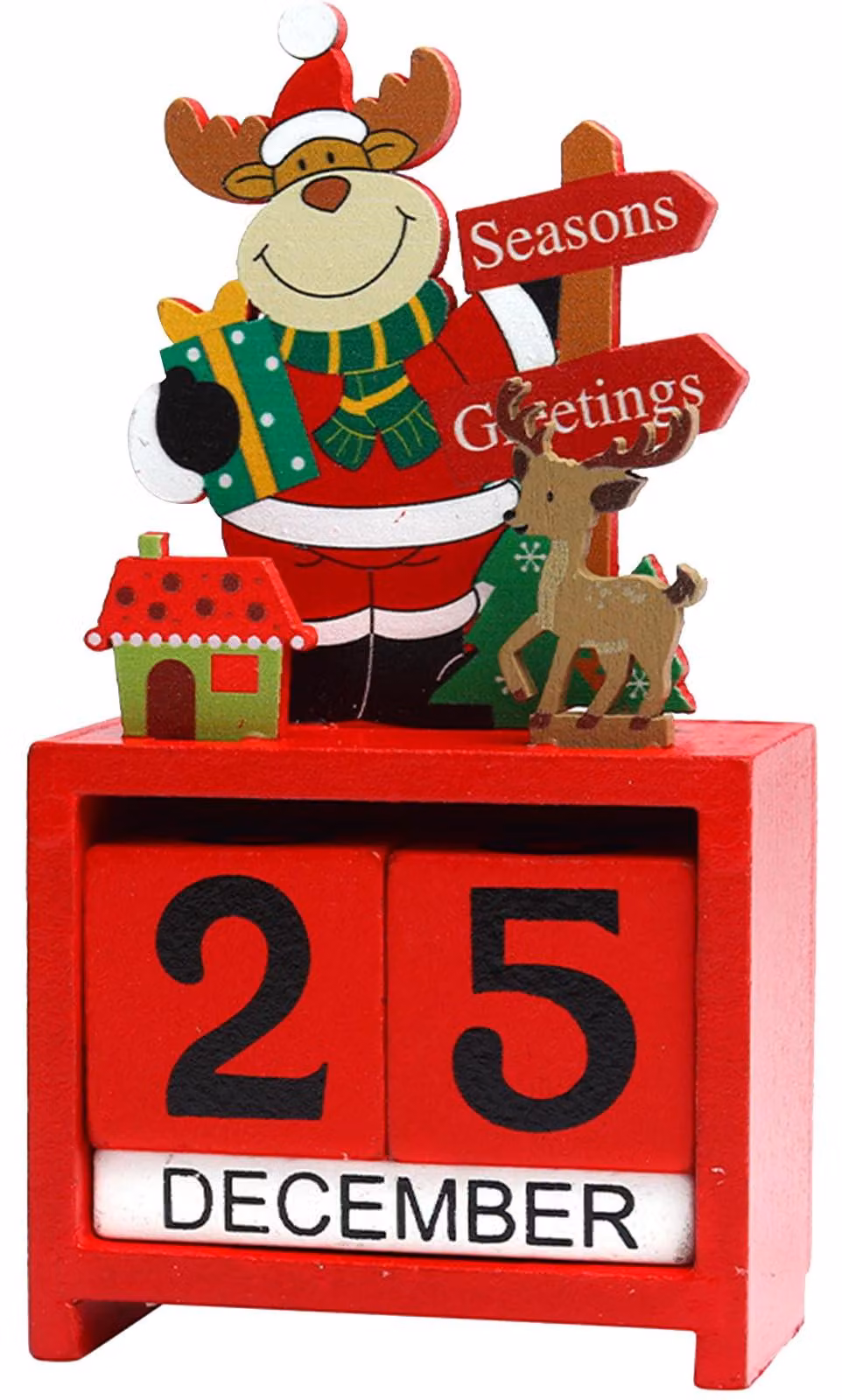 Calendario dell'Avvento in legno, riutilizzabile, con decorazione a renna, colore rosso, dimensioni 15 x 25 x 3 cm