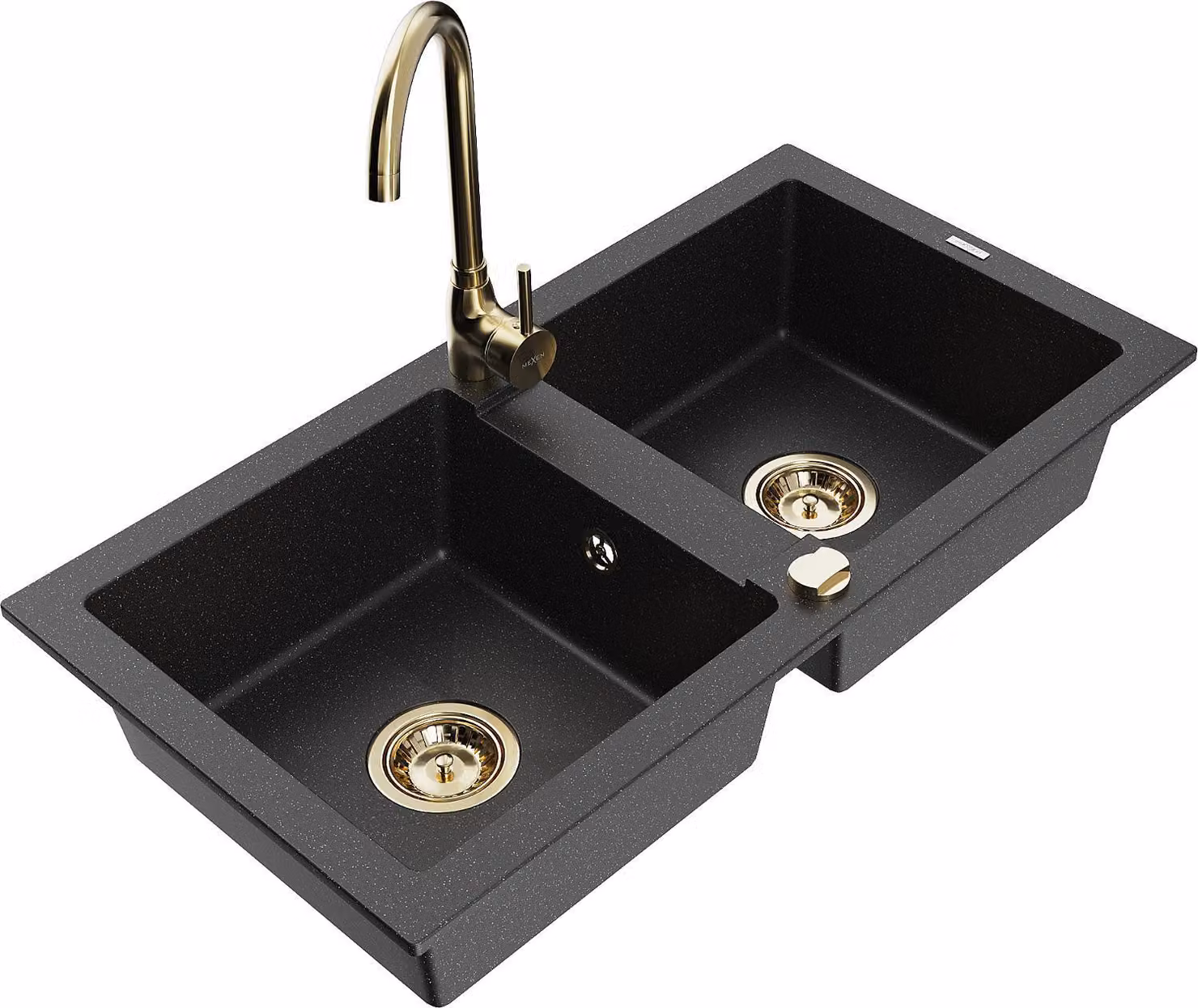 Mexen Mario lavello da cucina in granito a 2 vasche con rubinetto Telma, nero/argento - 6504-73-670200-50