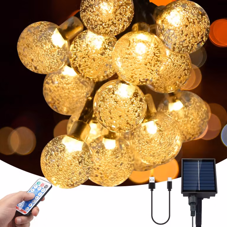 Catena luminosa solare con 60 LED e sfere di cristallo, luce bianco caldo, grado di protezione IP65