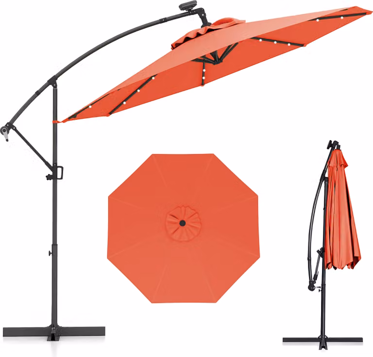 COSTWAY ombrellone φ300cm, ombrellone a sbalzo con 32 LED solari e manovella, angolo di inclinazione regolabile, ombrellone da giardino patio arancione