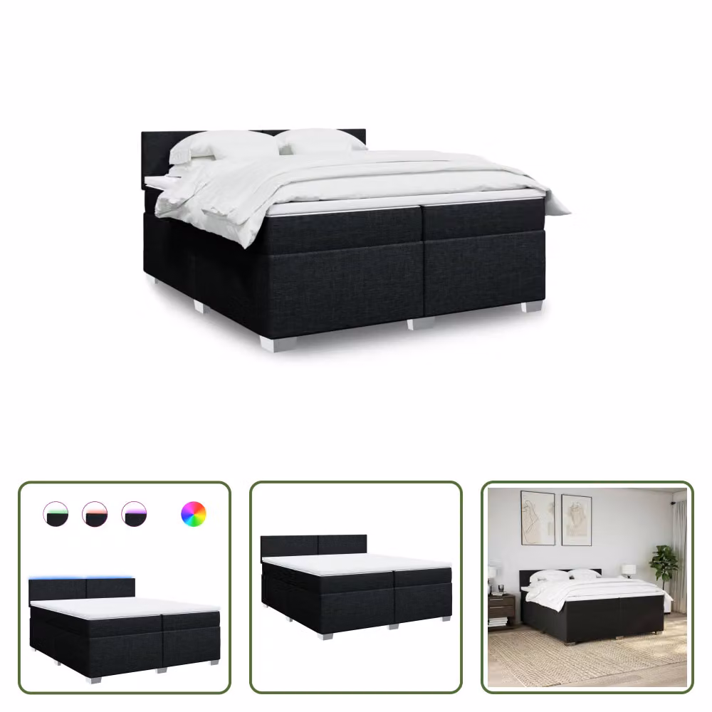 The Living Store Letto a molle con materasso nero 200x200 cm in tessuto