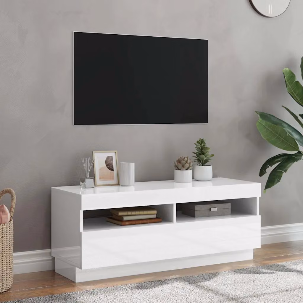 vidaXL Mobile Porta TV Moderno con Luci LED Bianco Lucido L: 100 cm, P: 35 cm, H: 40 cm