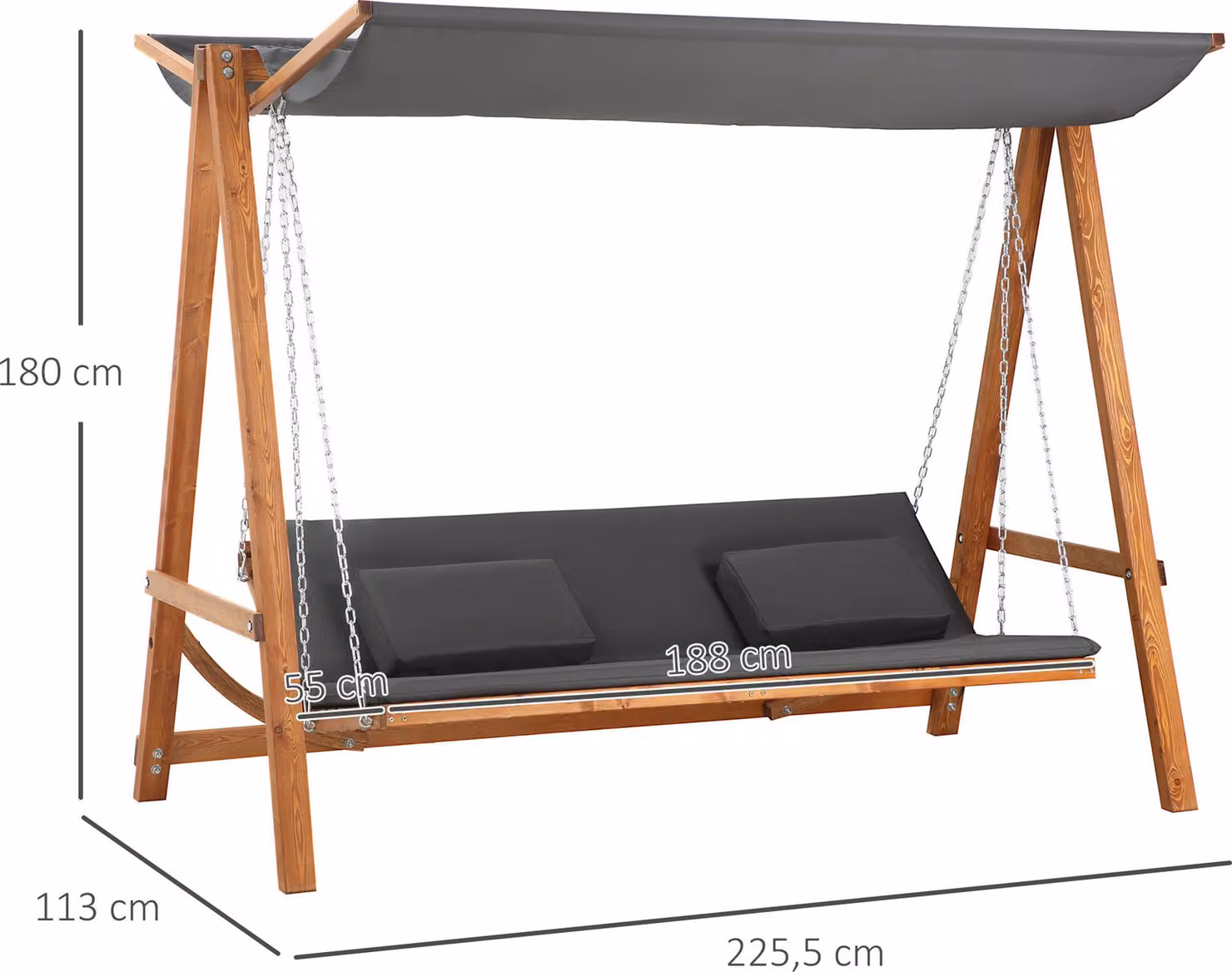Sedia a dondolo Outsunny in stile hollywoodiano, con funzione letto, per 3 persone, con tetto, in legno di larice grigio