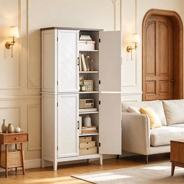 Credenza Mivray moderna in MDF bianco e marrone con 4 ante a battente e 4 ripiani interni, L: 76 cm, P: 40 cm, H: 178.5 cm