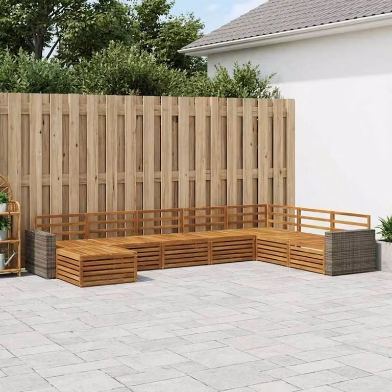 Set di divani da esterno a L vidaXL in legno di acacia massello marrone, 8 pezzi con pouf inclusi