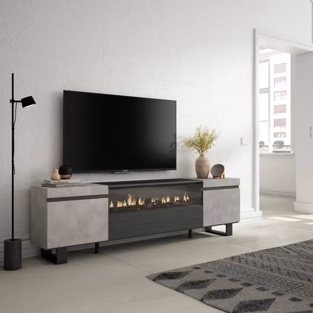 Mobile TV, 200x35x57cm, soggiorno, Per TV fino a 80", Camino elettrico, Design industriale, grigio cemento RF2242