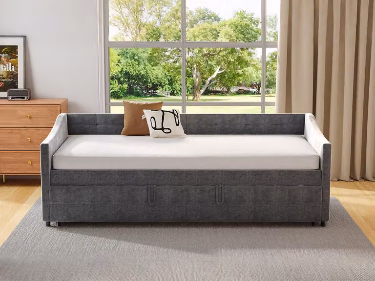 Divano-letto 90x200 cm in velluto grigio, estensibile 180x200 cm con martinetti idraulici, tasche laterali e design moderno