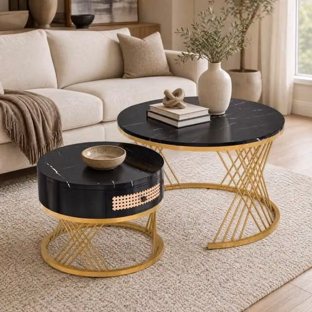 Set 2 tavolini rotondi 70x70 cm nero in MDF, con cassetto e gambe in metallo