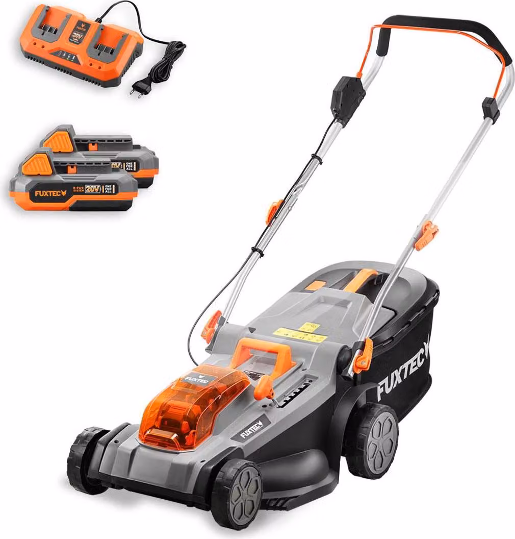 Rasaerba Elettrico FUXTEC E2RM37 a Batteria 40V (2x20V) - Larghezza di Taglio 37cm, Altezza di Taglio Variabile, Senza Fili (Batteria Li-Ion & Caricabatterie Inclusi)