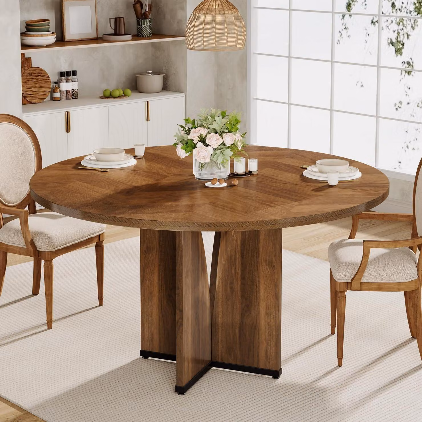 Tavolo rotondo da pranzo, diametro 100 cm, tavolo da cucina per 4 persone, stile rustico da campagna, aspetto in legno massello, colore marrone