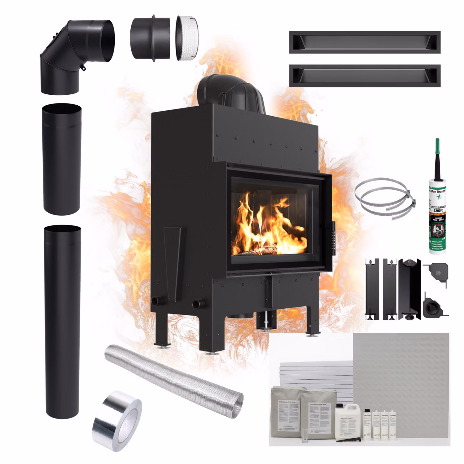 Camino KRATKI FLOKI L 12kW Ø200 ECO Nero Set per l'installazione