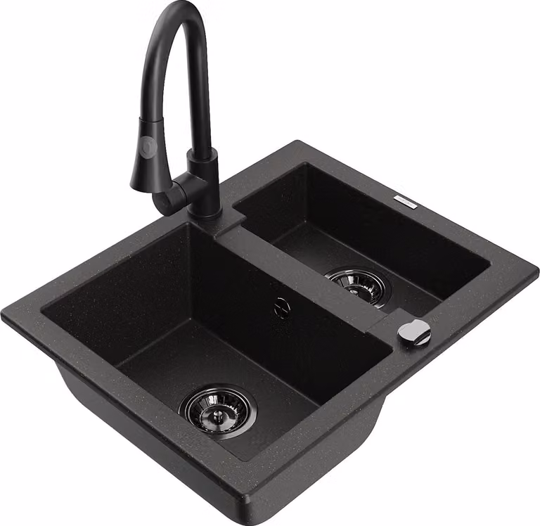 Mexen Carlos lavello in granito 1,5 vasca con miscelatore da cucina Elia, nero/oro metallizzato - 6518-75-670101-70-B