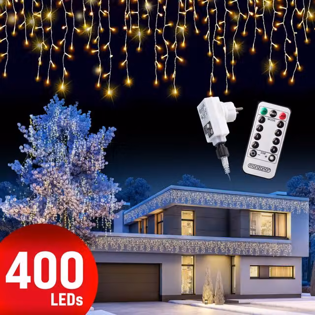 Luci di Natale Monzana con 400 LED Bianco Caldo, Lunghezza 15 m, con Telecomando e Timer, Impermeabili IP44