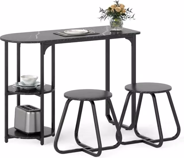 Set sala da pranzo da 3 pezzi tavolo 110 x 45 x 78 cm 2 sgabelli salvaspazio stile industriale in legno nero 20_0020838