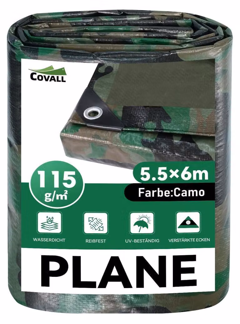 Telo protettivo impermeabile con occhielli, mimetico, dimensioni 5,5 x 6 metri, peso 115 g/m², resistente allo strappo, resistente ai raggi UV