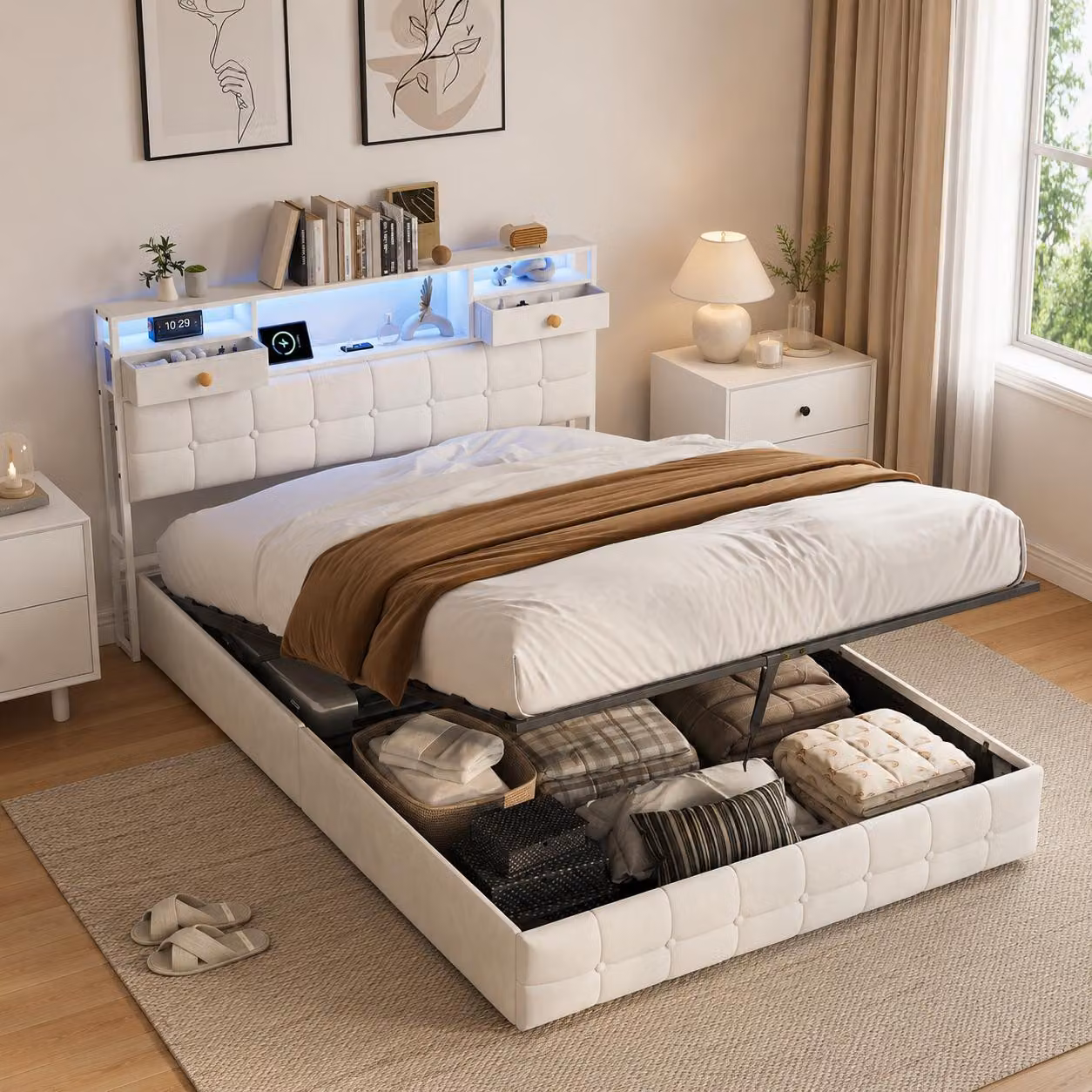 Letto imbottito INONEFT 140x200 con LED e USB, letto a molle con testiera dotata di 2 cassetti e scaffali aperti, letto per ragazzi con contenitore a sollevamento idraulico, color beige