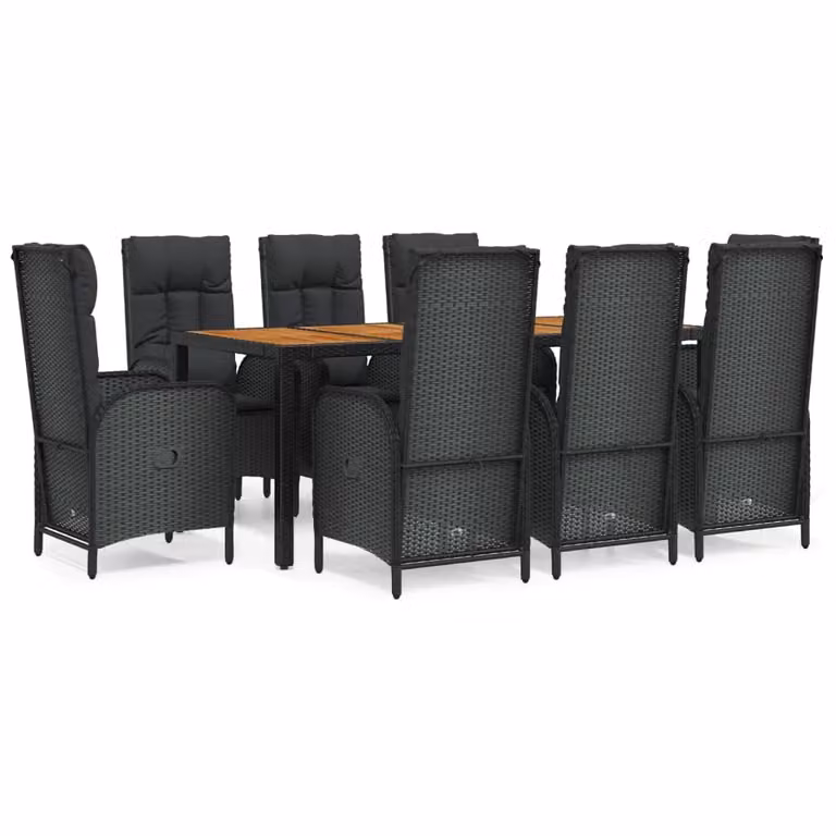 Set da Pranzo da Giardino 9 pz con Cuscini Nero in Polyrattan