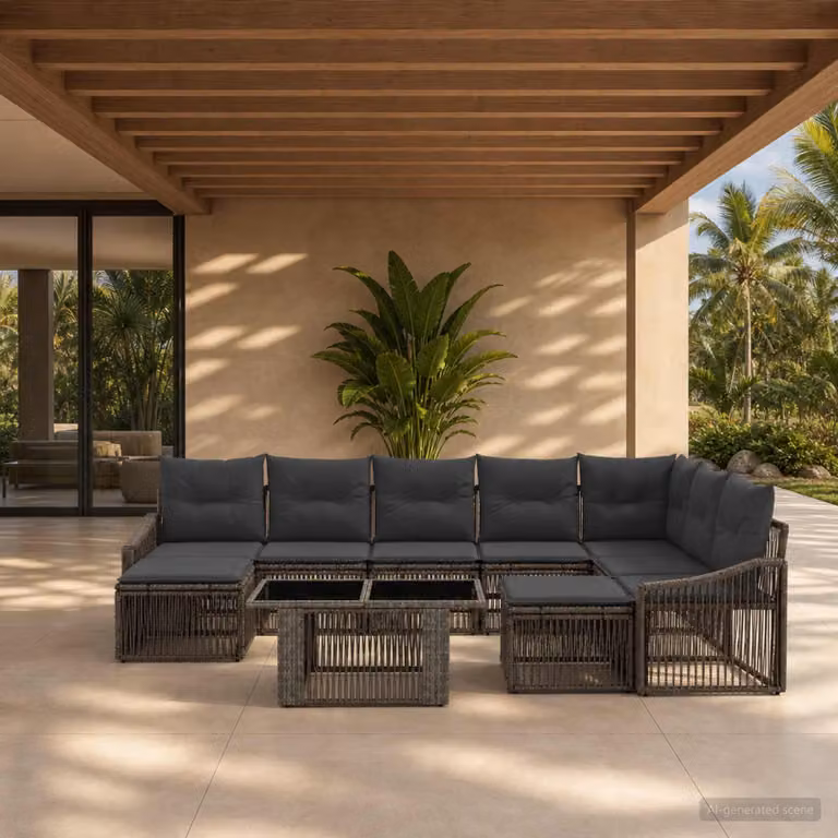 Set Divano da Giardino vidaXL 10 Pezzi a Forma di U in Polyrattan Grigio e Antracite con Tavolino, Ottoman e Cuscini Imbottiti