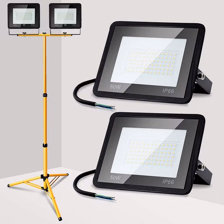 Jopassy Proiettore a LED con treppiede faretto da costruzione faretto IP66 proiettore luci da lavoro per giardino cortile cortile 2X50W bianco caldo