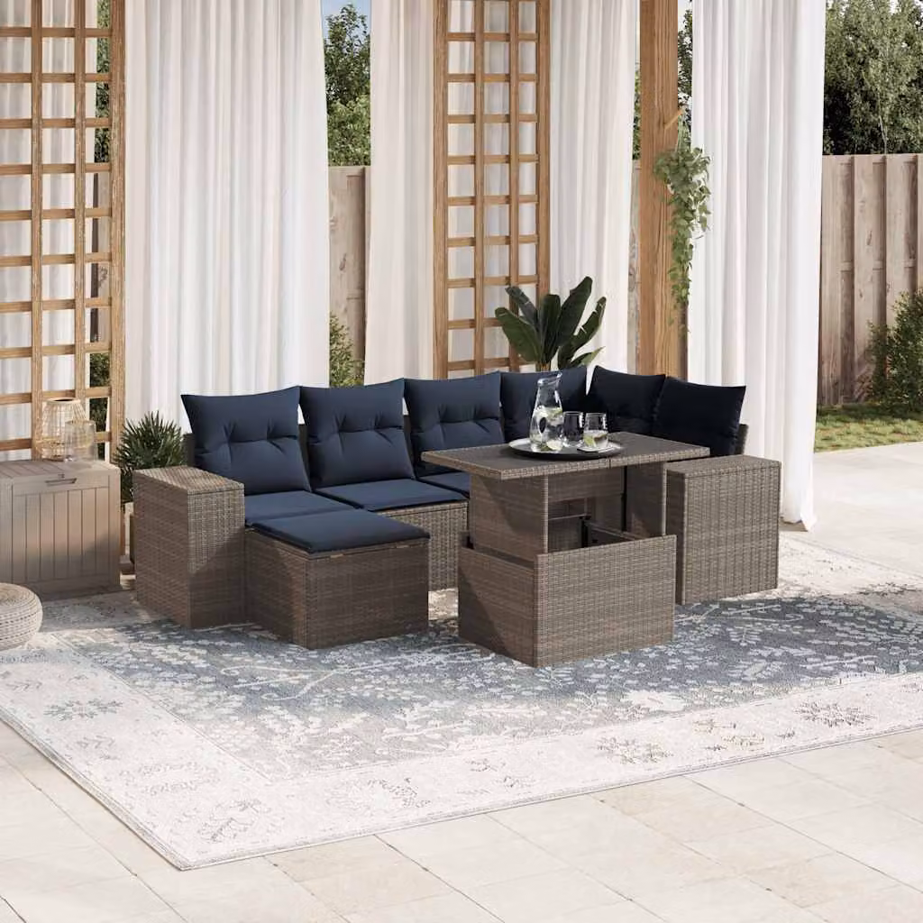 Set di divani da giardino vidaXL in polyrattan grigio con 7 pezzi, compresi cuscini e tavolino da esterno