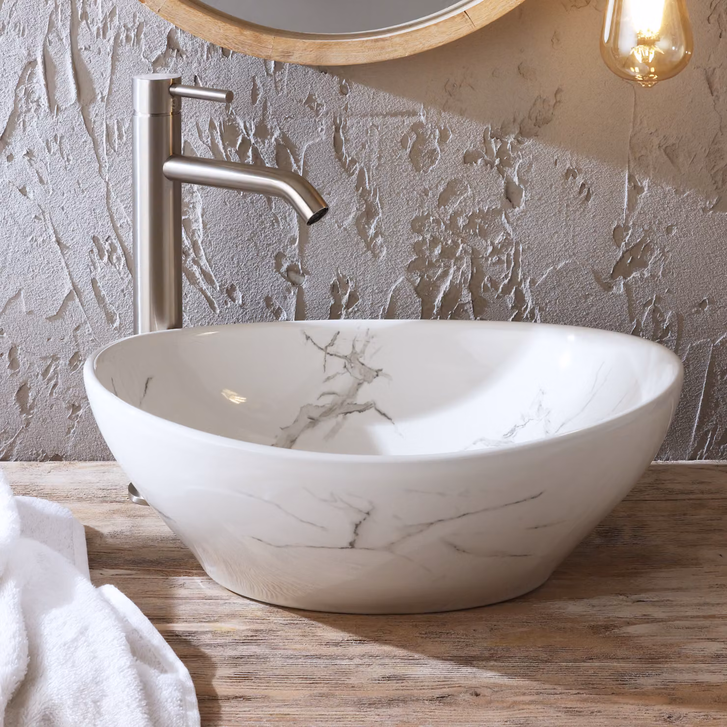 Lavabo d'Appoggio Ovale Effetto Marmo - 405mm x 330mm (Senza Fori per la Rubinetteria)