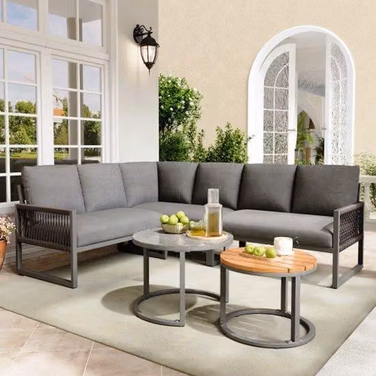 Set di mobili da giardino per 6-7 persone, panca angolare con struttura in acciaio inossidabile, piedini regolabili, cuscini per seduta e schienale inclusi, grigio