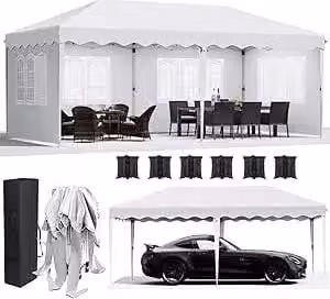 Gazebo pieghevole 3x6 m - Gazebo da giardino - Montaggio rapido con una sola spinta - Quattro pareti laterali - HDPE impermeabile, rivestito inPoliuretano- Struttura in alluminio - Bianco