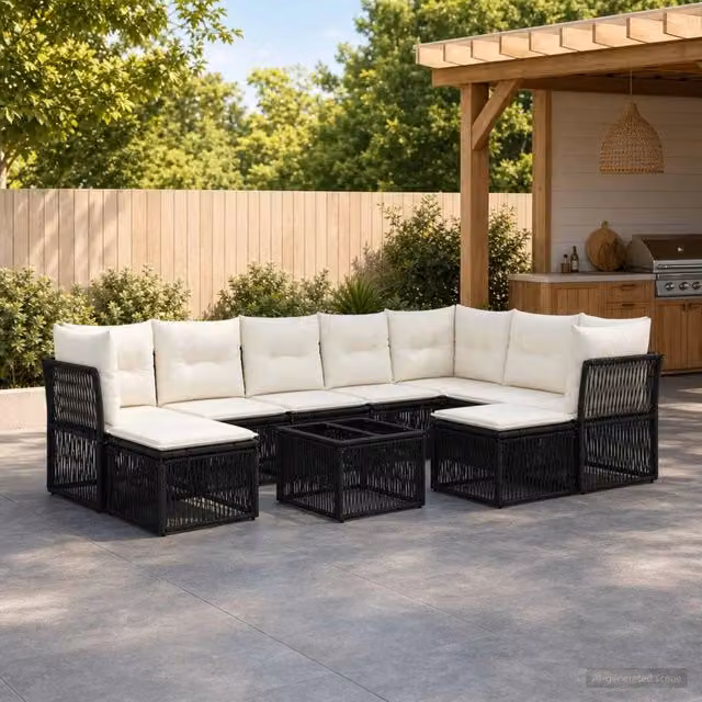 Set Divano da Giardino vidaXL a Forma a L in Polyrattan Nero con Cuscini e Tavolino – 1