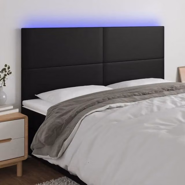 Testiera con LED Design Mania in Similpelle Nera con Porta USB e Illuminazione Integrata L: 200 cm, P: 5 cm, H: 118/128 cm – 1
