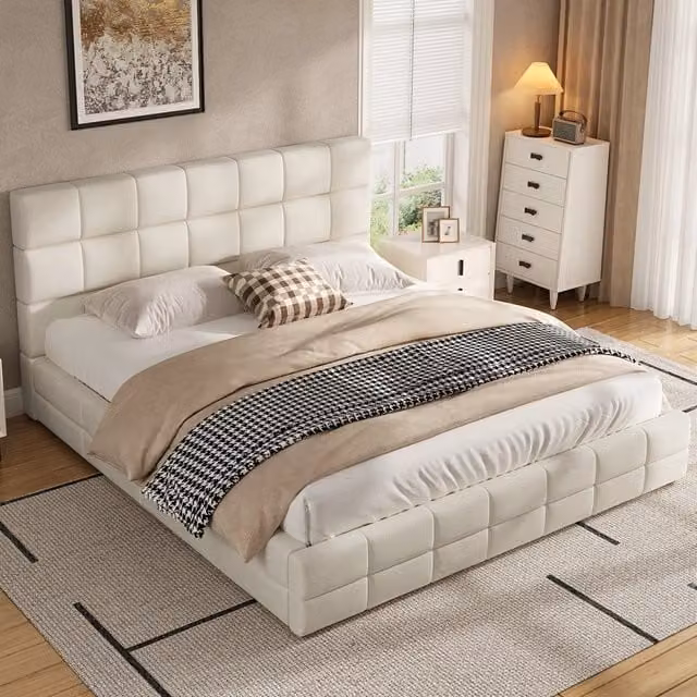 letto a piattaforma mdf compensato velluto beige 208 x 186 cm