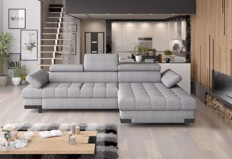 Divano angolare design, con funzione letto, rivestito in pelle e tessuto, divano multifunzionale in tessuto