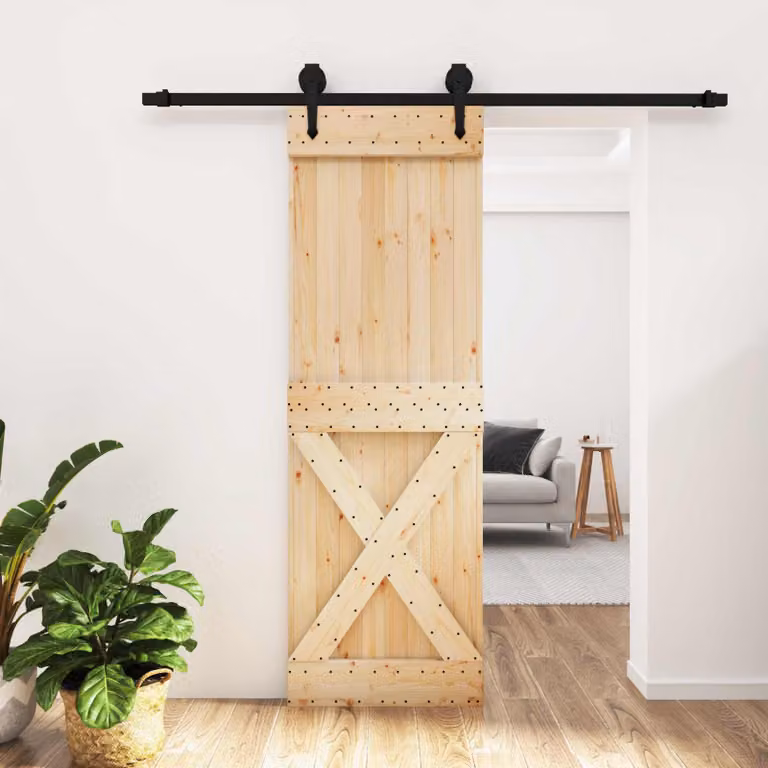 Porta scorrevole vidaXL in legno di pino e metallo, Naturale e Nero, L 70 cm x H 210 cm