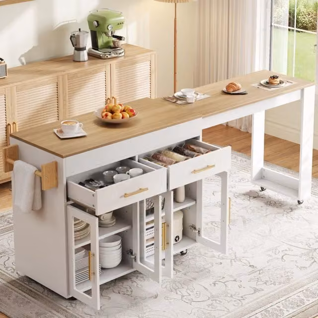 Carrello da cucina con piano estraibile, 2 cassetti e ante vetro, portaasciugamani, bianco rovere, 132,5 × 50 × 93 cm