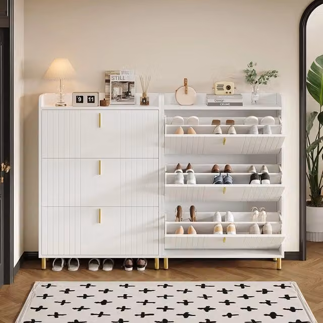 Armadio per scarpe con 3 ante - Xylo - 80x23,5x123,5 cm - Bianco - Regolabile, antiribaltamento