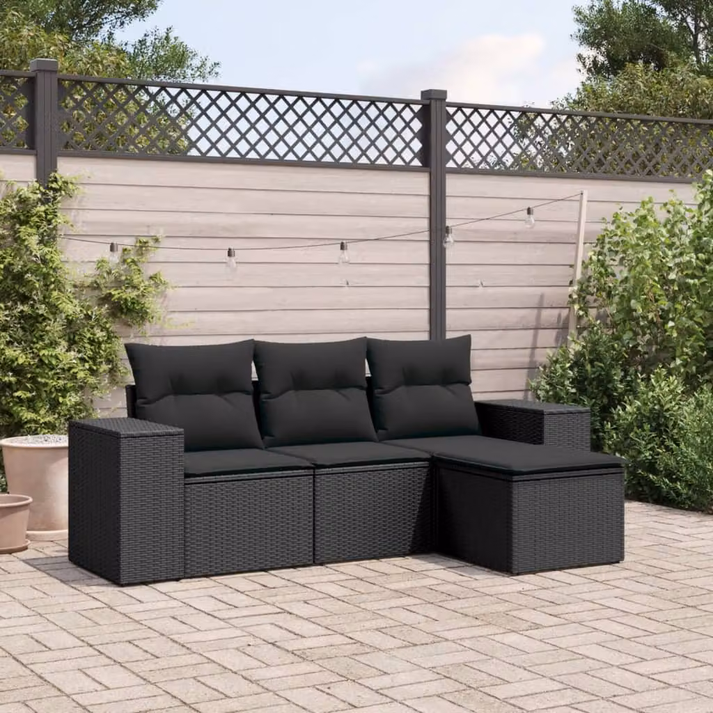 Set di divani da giardino vidaXL a forma di L composto da 4 pezzi in polyrattan nero con cuscini inclusi – 1