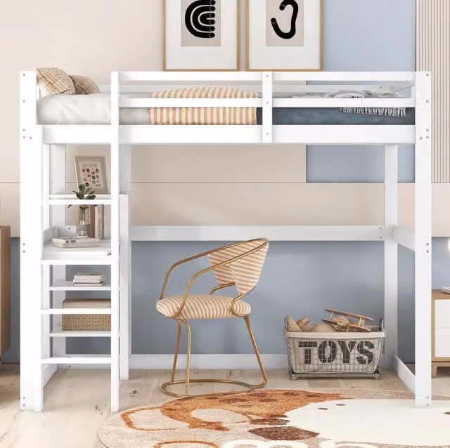 Letto a soppalco 140x200 cm con scrivania e 4 vani contenitore; in pino e MDF; bianco antico