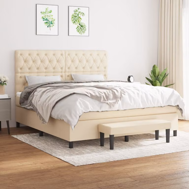 vidaXL Giroletto a Molle Ibrido con Materasso in Tessuto Beige e Bianco L/P: 160 x 200 cm