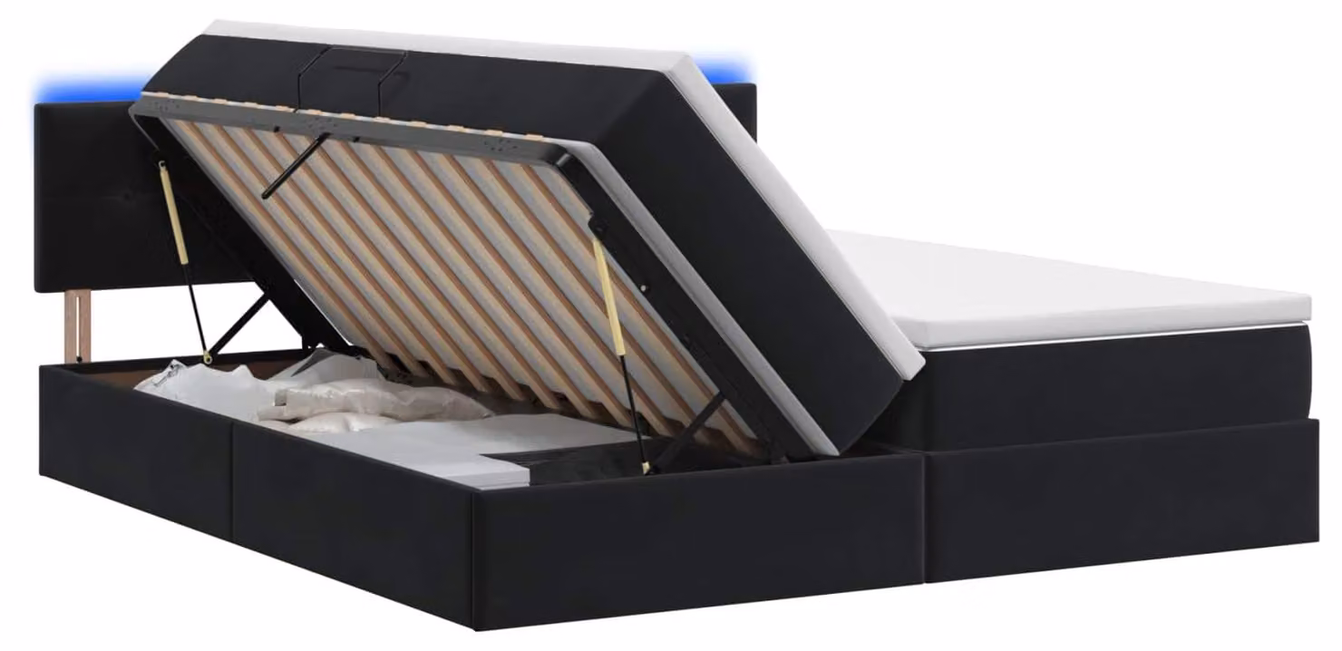 Letto contenitore con tecnologia LED e materasso, colore nero, dimensioni 200 x 200 cm, rivestito in velluto