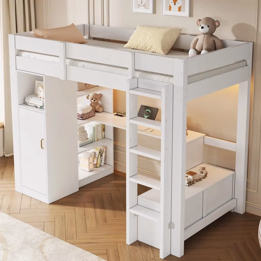 Letto a soppalco Mivray bianco con scrivania armadio due cassetti illuminazione LED e porta di ricarica USB L/P/H: 205 x 90 x 175 cm – 2